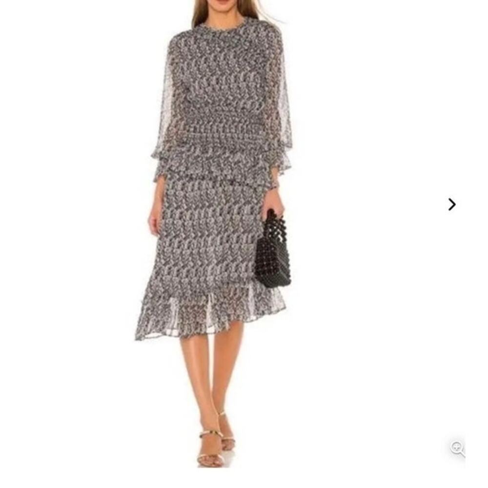 NWOT MISA Los Angeles Sophia Asymmetrical Ruffle Smocked Midi Dress in Size S